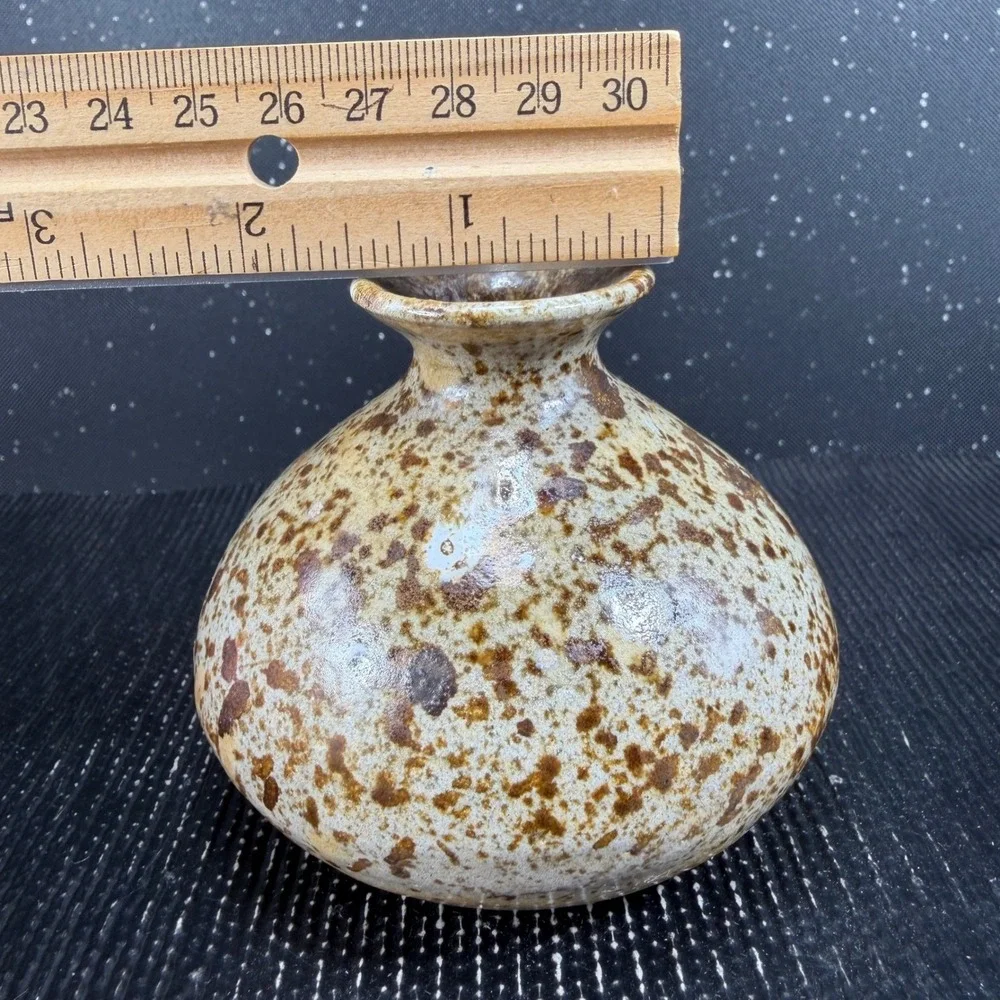 Joan Signed Studio Pottery Bud Vase Speckled Brown Tan Stoneware 3 Inch Small